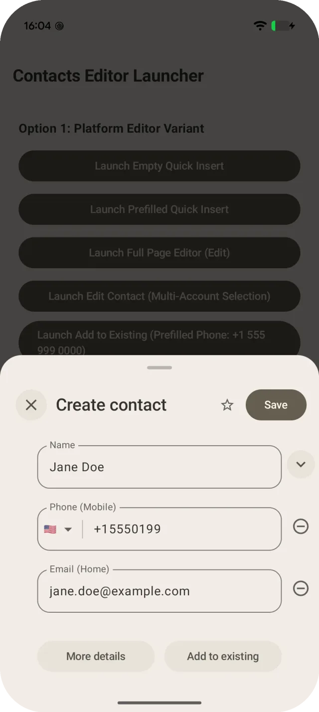 Предварительный макет компактной формы создания контакта Android