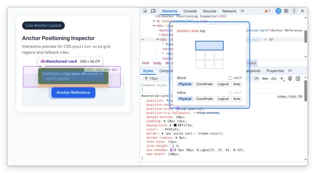 Визуальный редактор position-area в панели Elements Chrome DevTools