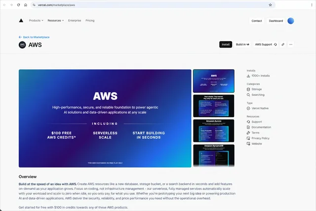 Страница AWS в Vercel Marketplace на официальном скриншоте