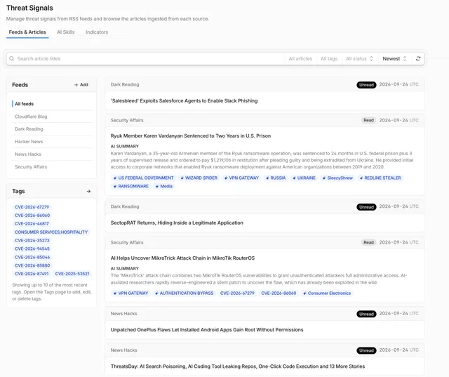 Панель Threat Signals со списком подключённых RSS-лент