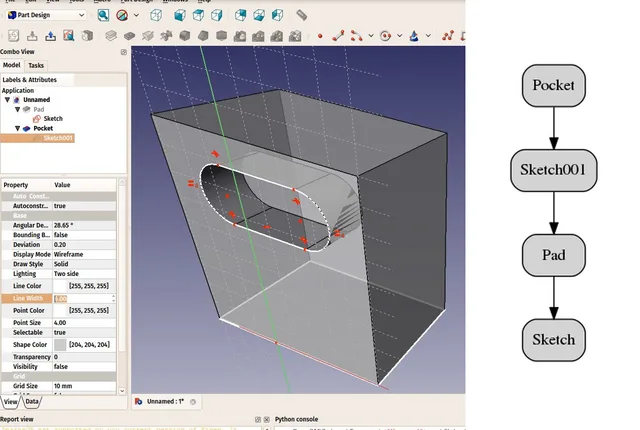 Историческая учебная схема FreeCAD: эскиз, выдавливание и вырез связаны зависимостями параметрической модели