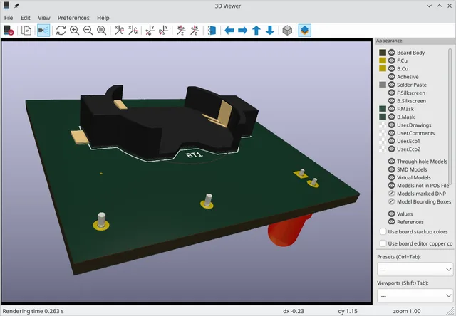Учебная плата KiCad 9 в трёхмерном просмотре с трассировкой лучей